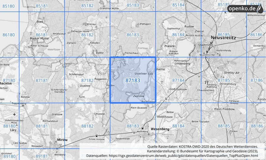 Übersichtskarte des KOSTRA-DWD-2020-Rasterfeldes Nr. 87183