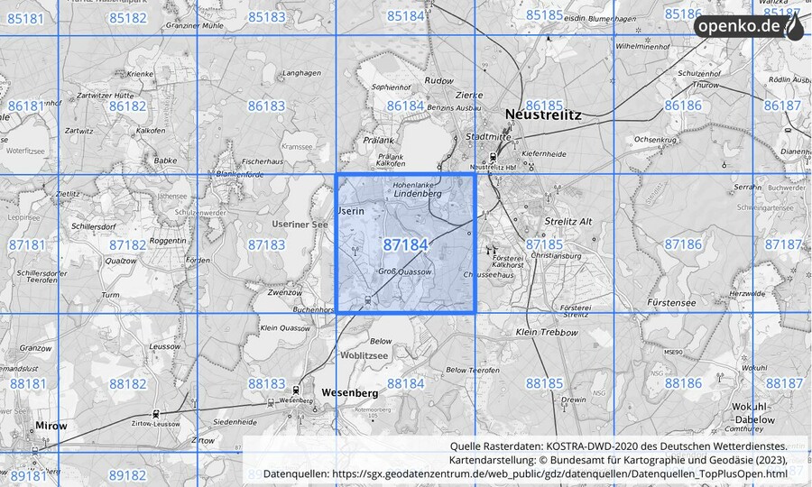 Übersichtskarte des KOSTRA-DWD-2020-Rasterfeldes Nr. 87184