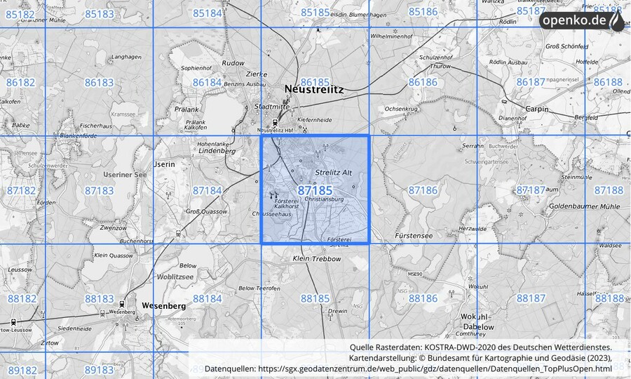 Übersichtskarte des KOSTRA-DWD-2020-Rasterfeldes Nr. 87185