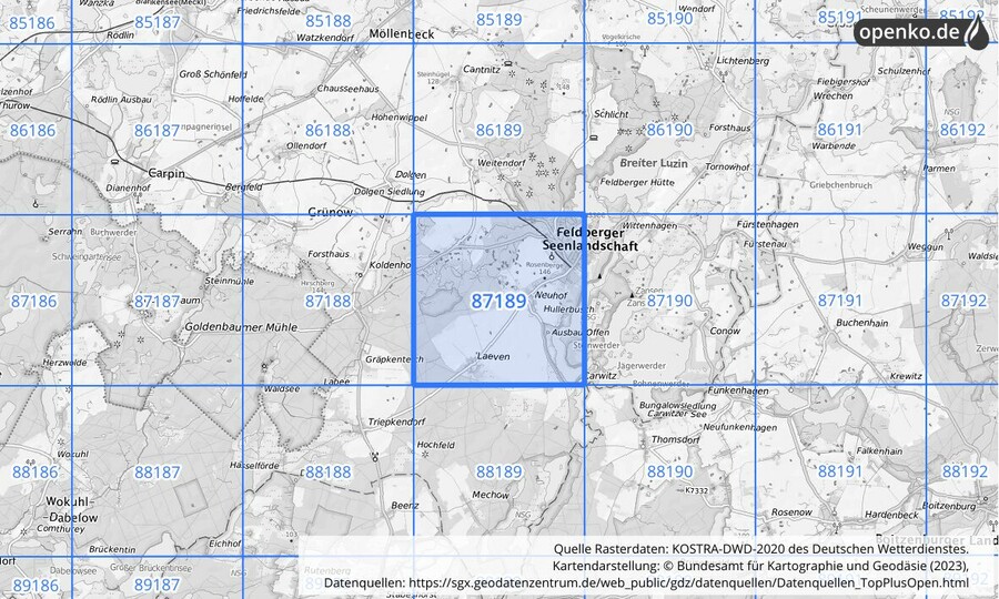 Übersichtskarte des KOSTRA-DWD-2020-Rasterfeldes Nr. 87189