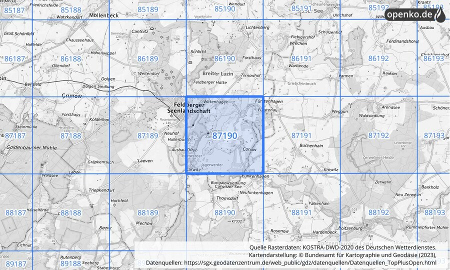 Übersichtskarte des KOSTRA-DWD-2020-Rasterfeldes Nr. 87190