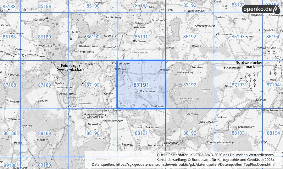 Übersichtskarte des KOSTRA-DWD-2020-Rasterfeldes Nr. 87191