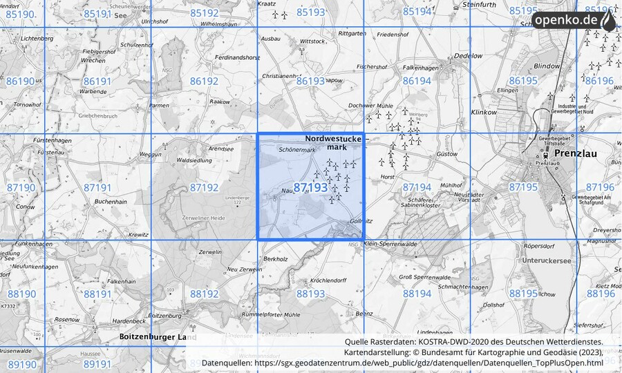 Übersichtskarte des KOSTRA-DWD-2020-Rasterfeldes Nr. 87193