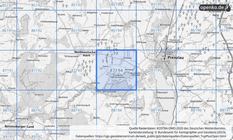 Übersichtskarte des KOSTRA-DWD-2020-Rasterfeldes Nr. 87194