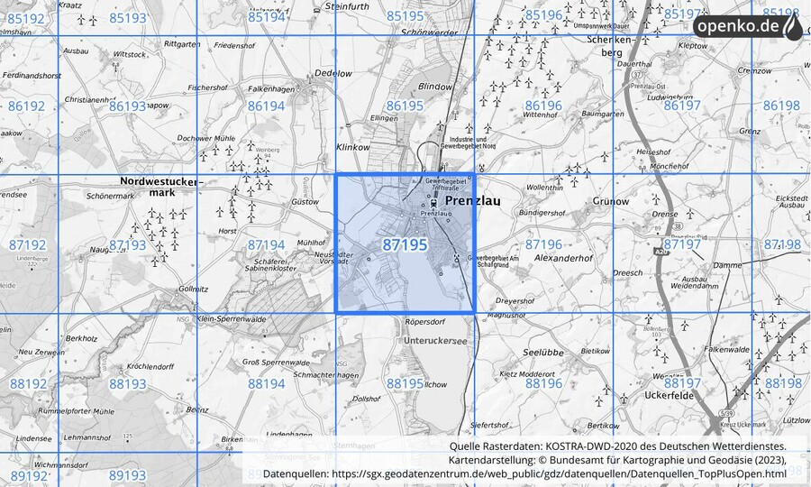 Übersichtskarte des KOSTRA-DWD-2020-Rasterfeldes Nr. 87195