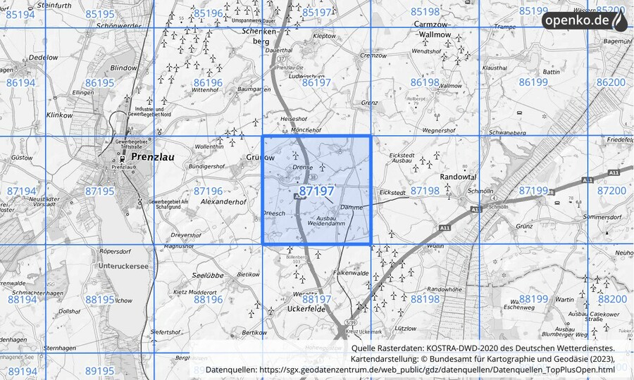 Übersichtskarte des KOSTRA-DWD-2020-Rasterfeldes Nr. 87197