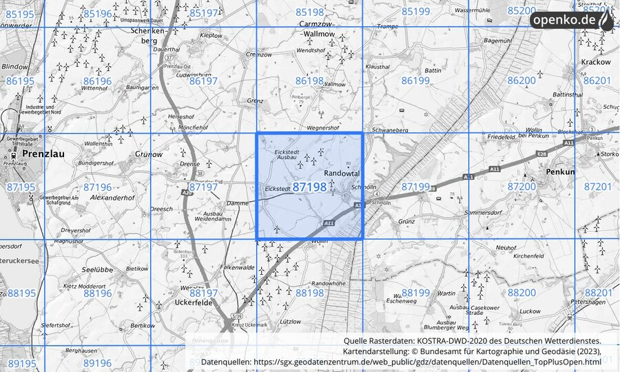 Übersichtskarte des KOSTRA-DWD-2020-Rasterfeldes Nr. 87198