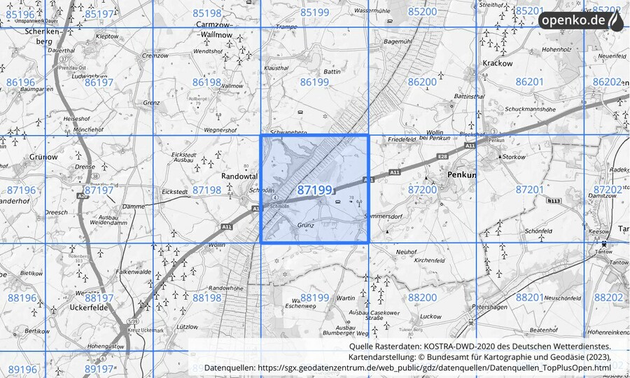 Übersichtskarte des KOSTRA-DWD-2020-Rasterfeldes Nr. 87199