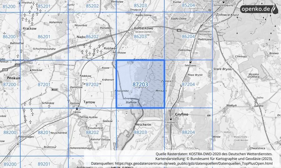 Übersichtskarte des KOSTRA-DWD-2020-Rasterfeldes Nr. 87203