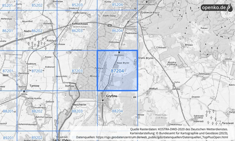 Übersichtskarte des KOSTRA-DWD-2020-Rasterfeldes Nr. 87204