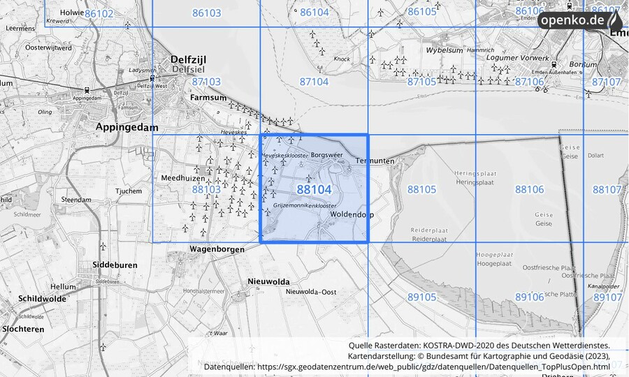 Übersichtskarte des KOSTRA-DWD-2020-Rasterfeldes Nr. 88104