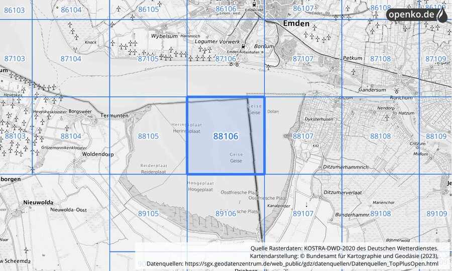 Übersichtskarte des KOSTRA-DWD-2020-Rasterfeldes Nr. 88106