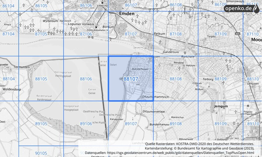 Übersichtskarte des KOSTRA-DWD-2020-Rasterfeldes Nr. 88107