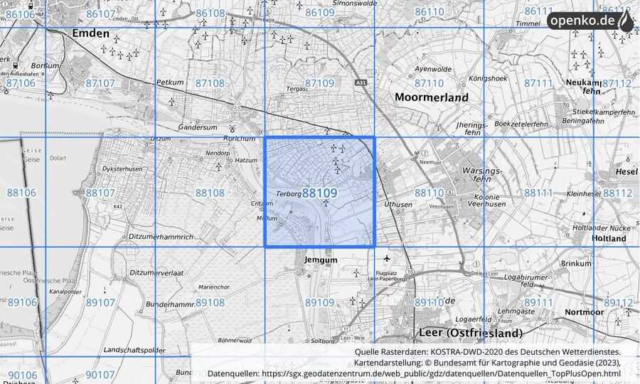 Übersichtskarte des KOSTRA-DWD-2020-Rasterfeldes Nr. 88109