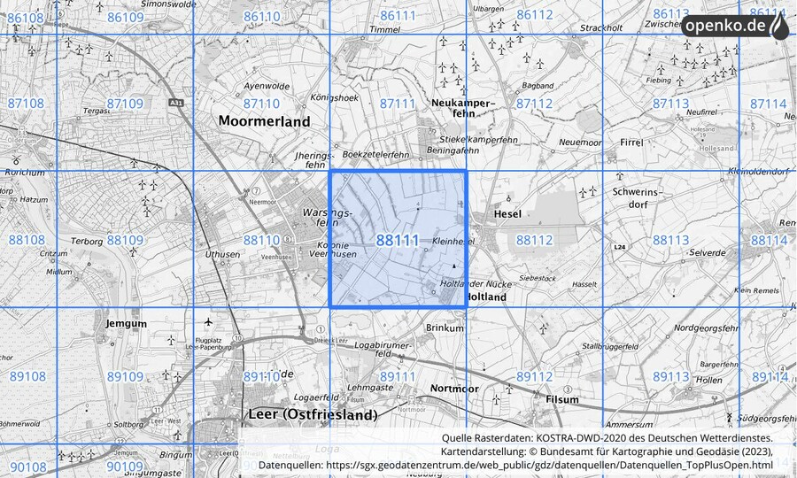 Übersichtskarte des KOSTRA-DWD-2020-Rasterfeldes Nr. 88111