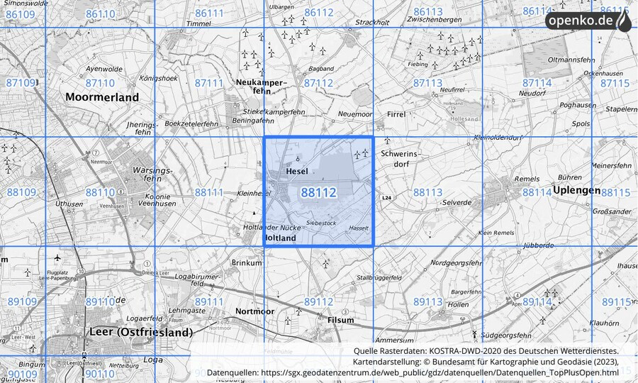 Übersichtskarte des KOSTRA-DWD-2020-Rasterfeldes Nr. 88112