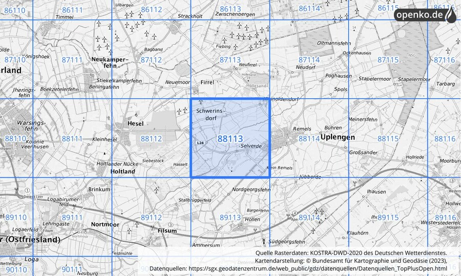 Übersichtskarte des KOSTRA-DWD-2020-Rasterfeldes Nr. 88113