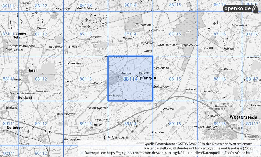 Übersichtskarte des KOSTRA-DWD-2020-Rasterfeldes Nr. 88114