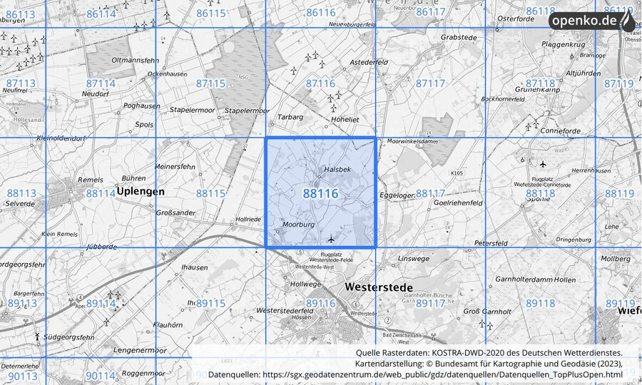 Übersichtskarte des KOSTRA-DWD-2020-Rasterfeldes Nr. 88116