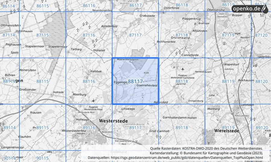 Übersichtskarte des KOSTRA-DWD-2020-Rasterfeldes Nr. 88117