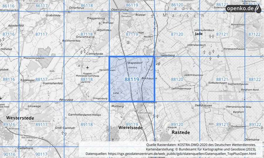 Übersichtskarte des KOSTRA-DWD-2020-Rasterfeldes Nr. 88119