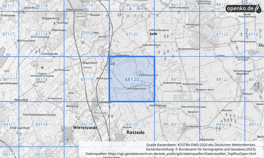 Übersichtskarte des KOSTRA-DWD-2020-Rasterfeldes Nr. 88120