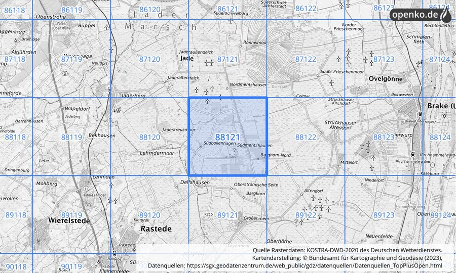 Übersichtskarte des KOSTRA-DWD-2020-Rasterfeldes Nr. 88121