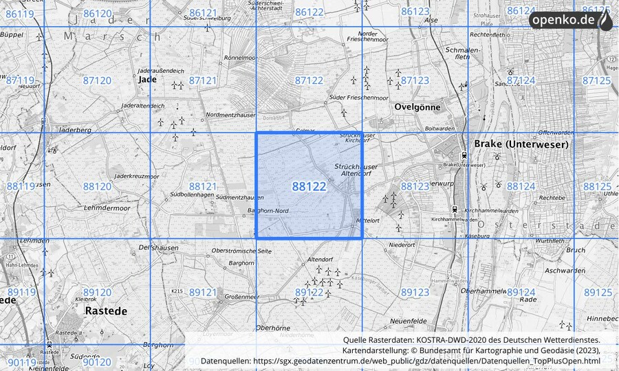 Übersichtskarte des KOSTRA-DWD-2020-Rasterfeldes Nr. 88122