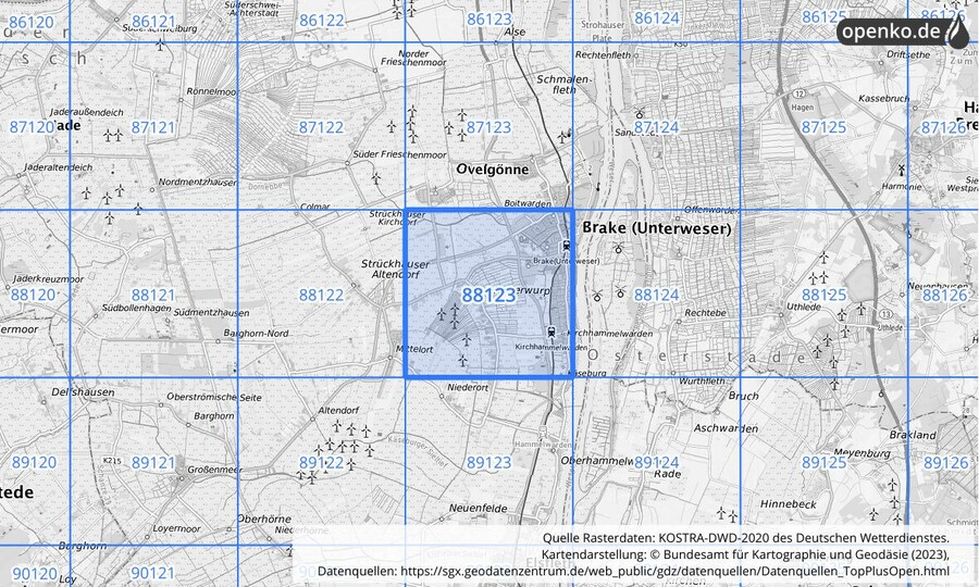 Übersichtskarte des KOSTRA-DWD-2020-Rasterfeldes Nr. 88123