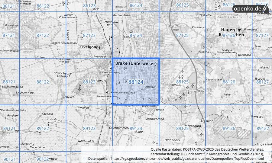 Übersichtskarte des KOSTRA-DWD-2020-Rasterfeldes Nr. 88124