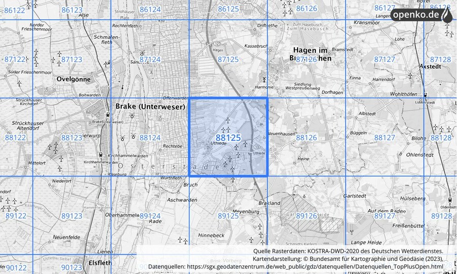 Übersichtskarte des KOSTRA-DWD-2020-Rasterfeldes Nr. 88125