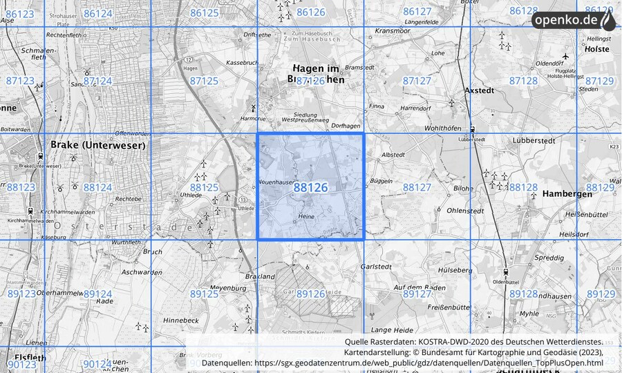 Übersichtskarte des KOSTRA-DWD-2020-Rasterfeldes Nr. 88126