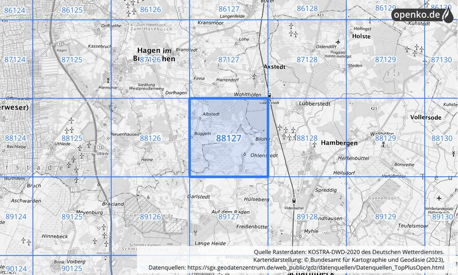 Übersichtskarte des KOSTRA-DWD-2020-Rasterfeldes Nr. 88127