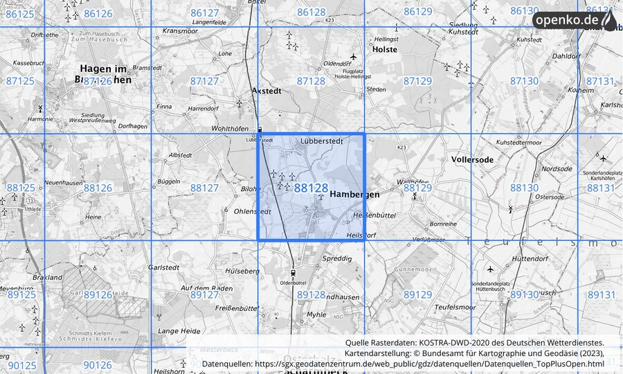 Übersichtskarte des KOSTRA-DWD-2020-Rasterfeldes Nr. 88128