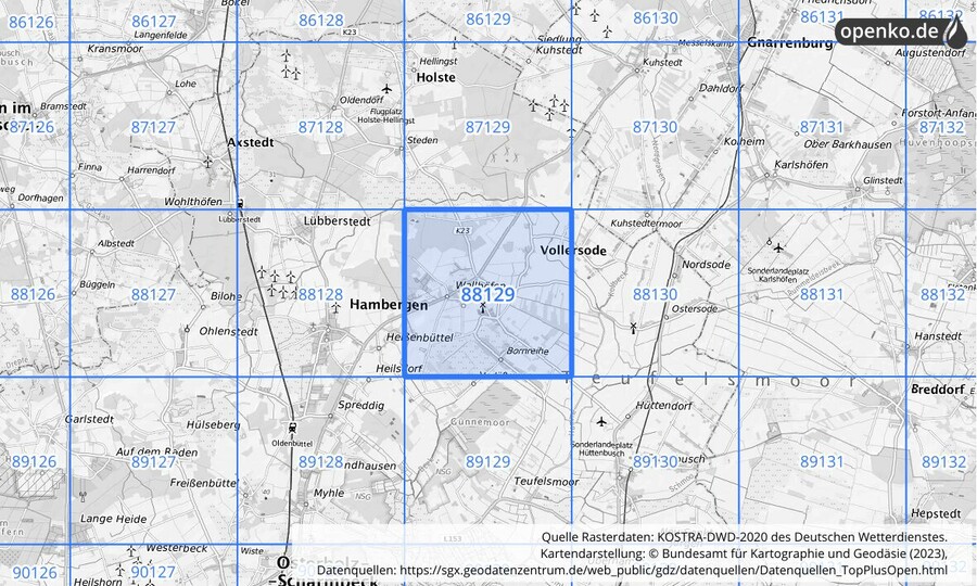 Übersichtskarte des KOSTRA-DWD-2020-Rasterfeldes Nr. 88129