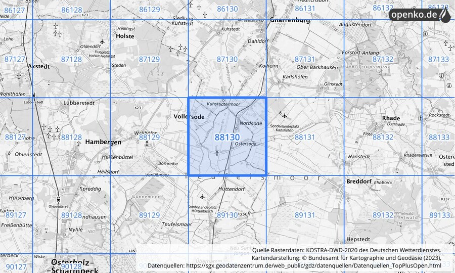 Übersichtskarte des KOSTRA-DWD-2020-Rasterfeldes Nr. 88130