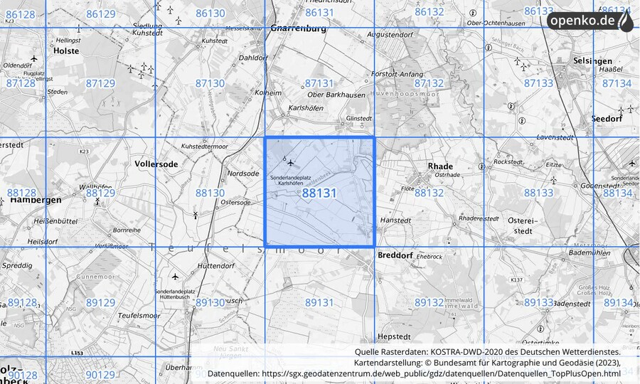 Übersichtskarte des KOSTRA-DWD-2020-Rasterfeldes Nr. 88131