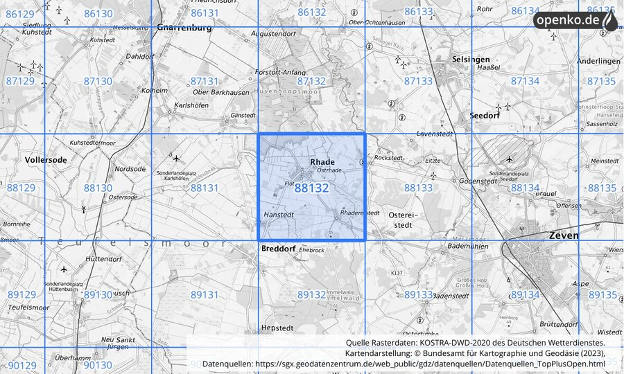 Übersichtskarte des KOSTRA-DWD-2020-Rasterfeldes Nr. 88132