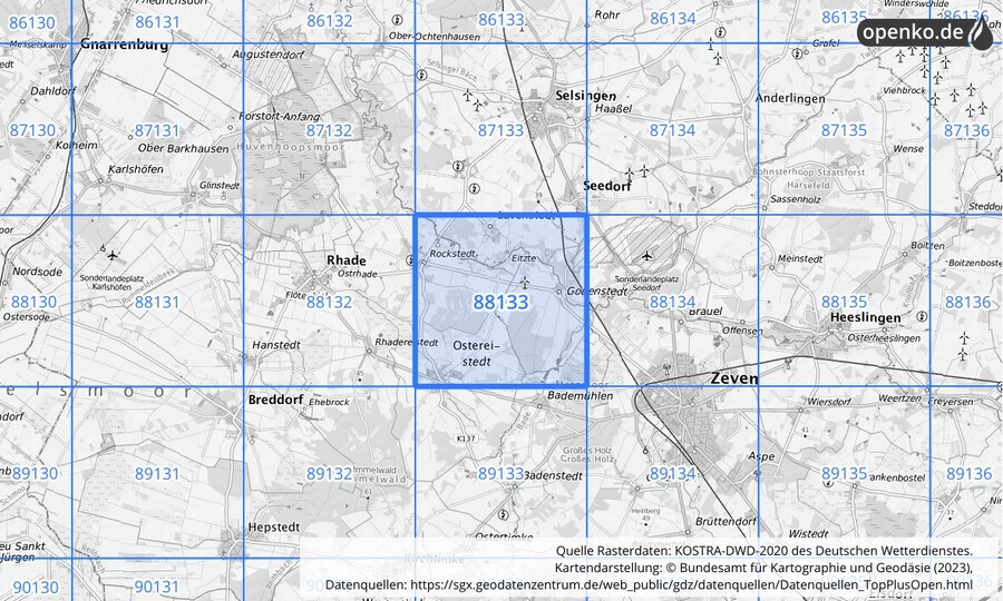 Übersichtskarte des KOSTRA-DWD-2020-Rasterfeldes Nr. 88133