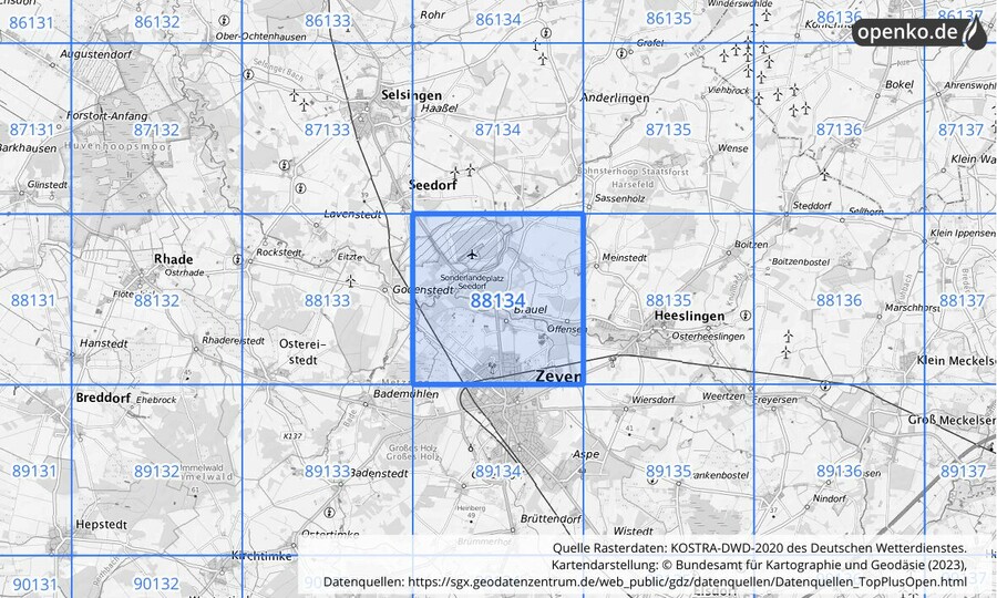 Übersichtskarte des KOSTRA-DWD-2020-Rasterfeldes Nr. 88134