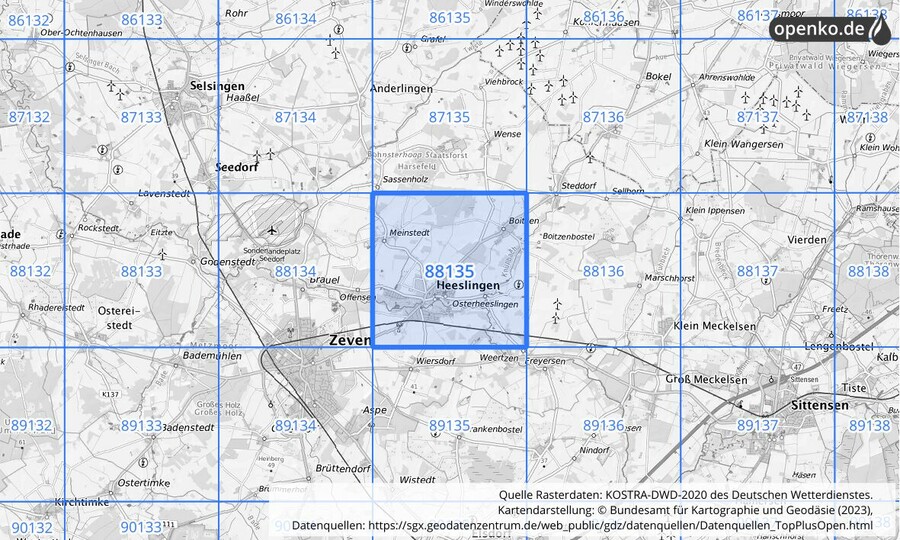 Übersichtskarte des KOSTRA-DWD-2020-Rasterfeldes Nr. 88135
