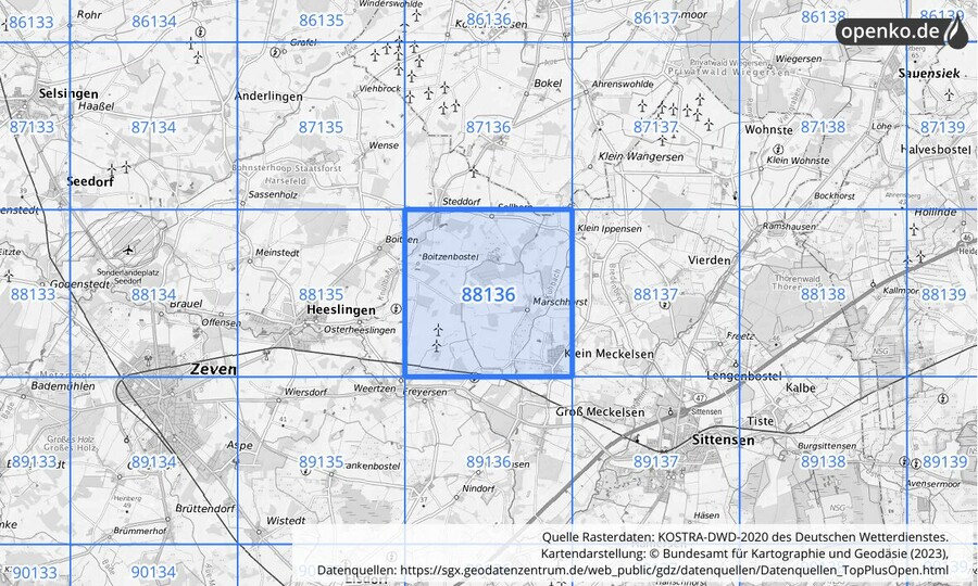 Übersichtskarte des KOSTRA-DWD-2020-Rasterfeldes Nr. 88136