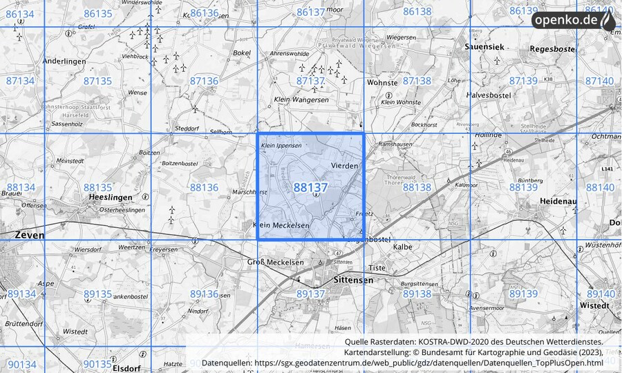 Übersichtskarte des KOSTRA-DWD-2020-Rasterfeldes Nr. 88137