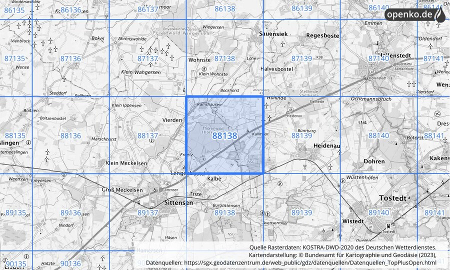 Übersichtskarte des KOSTRA-DWD-2020-Rasterfeldes Nr. 88138