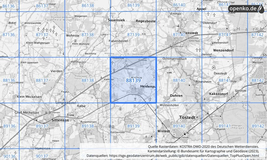 Übersichtskarte des KOSTRA-DWD-2020-Rasterfeldes Nr. 88139