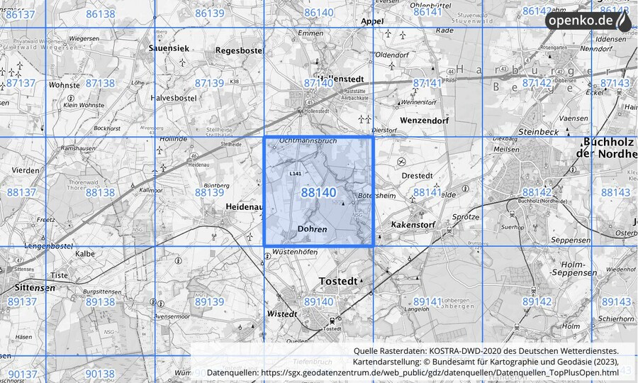 Übersichtskarte des KOSTRA-DWD-2020-Rasterfeldes Nr. 88140