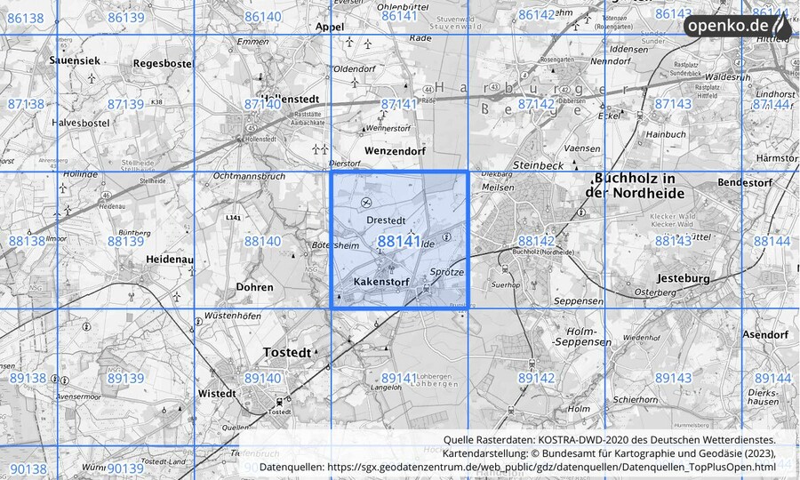 Übersichtskarte des KOSTRA-DWD-2020-Rasterfeldes Nr. 88141
