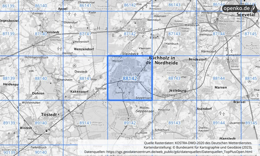 Übersichtskarte des KOSTRA-DWD-2020-Rasterfeldes Nr. 88142