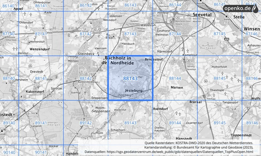 Übersichtskarte des KOSTRA-DWD-2020-Rasterfeldes Nr. 88143