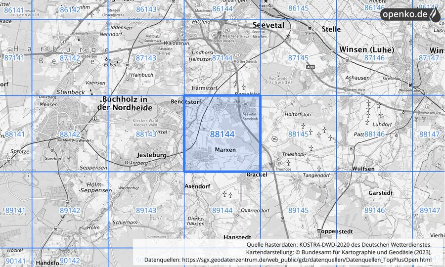 Übersichtskarte des KOSTRA-DWD-2020-Rasterfeldes Nr. 88144